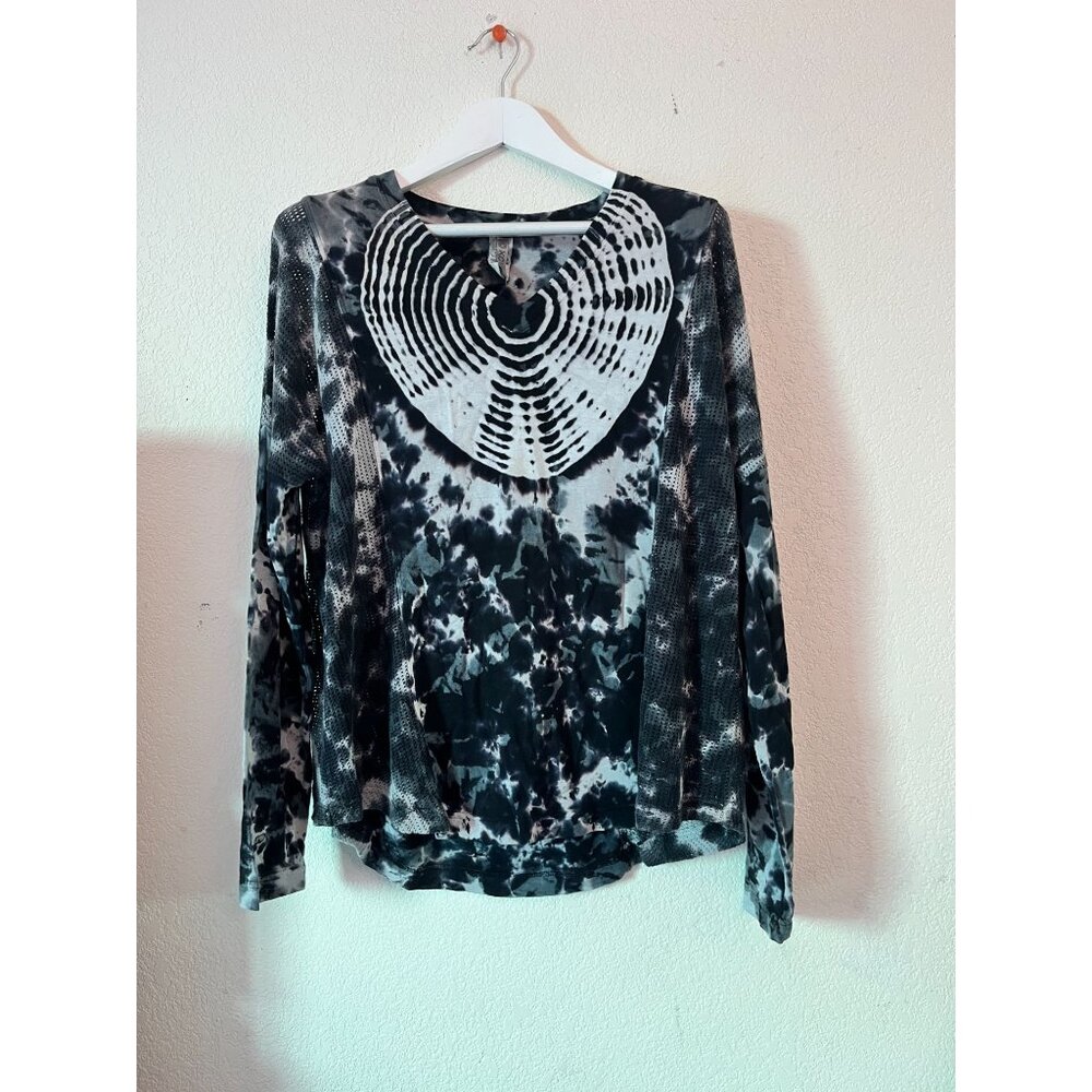 XCVI Womens Tie-Dye Heart Long Sleeve V-Neck Top Medium Black Stretch Relaxed